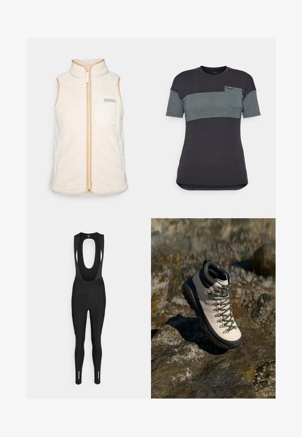Gilet en polaire blanc avec un col haut, fermeture éclair à l'avant et finitions beiges. Dispose d'une poche avant avec le logo Columbia. Matériau doux et texturé.; T-shirt à manches courtes en gris foncé et turquoise avec un color block horizontal, présentant une poche sur la poitrine et une étiquette sur le col.; Rapha WOMENS CORE CARGO WINTER WITH PAD - Leggings - black; Bottillon de randonnée beige clair avec une semelle en caoutchouc noir, dessus flexible, œillets en métal et lacets gris, posé sur une surface rocheuse.