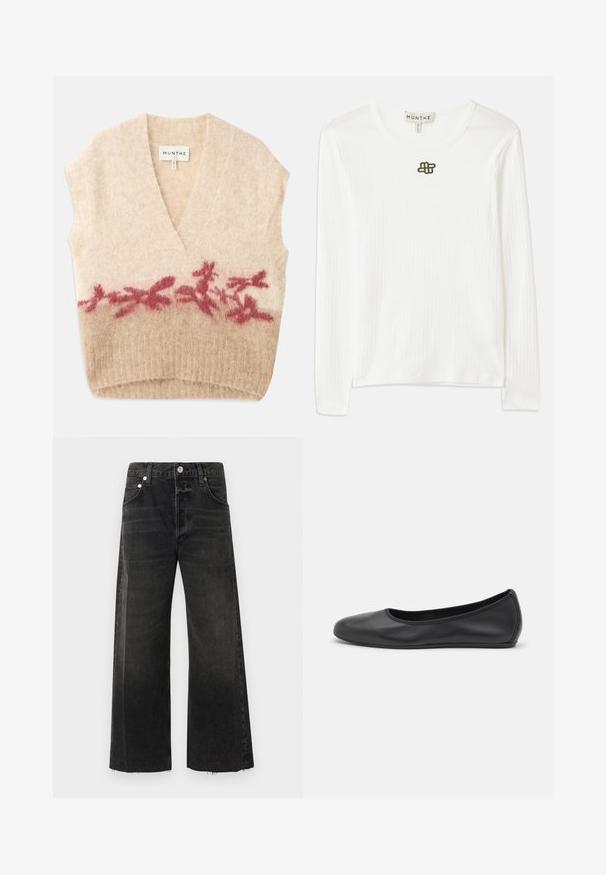 Colete bege sem mangas com um decote em V profundo, apresentando uma textura suave e um padrão floral em bordô na parte inferior. Etiqueta da marca visível.; Camisola de manga longa branca com textura em nervuras, feita de um tecido suave, com um decote redondo e um pequeno logótipo bordado escuro no peito.; Jeans pretos de perna larga feitos de denim, com uma cintura alta, fecho com botão metálico, cinco bolsos e acabamento áspero nas bainhas.; Bailarina preta em pele com bico arredondado, textura suave, detalhe de costura minimalista e design de sola flexível.