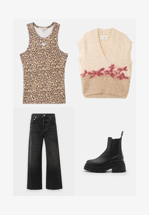 Gilet sans manches beige avec un décolleté en V profond, présentant une texture douce et un motif floral bordeaux sur la partie inférieure. Étiquette de la marque visible.; Débardeur à motif léopard en beige et marron, fabriqué en tissu côtelé avec un col rond et un logo brodé subtil à l'avant.; Jean noir à jambe large en denim, avec taille haute, fermeture à bouton en métal, cinq poches et bords bruts au niveau des ourlets.; Bottines Chelsea noires en cuir lisse avec des panneaux latéraux élastiques, une semelle en caoutchouc épaisse et nervurée, et une languette à l'arrière.