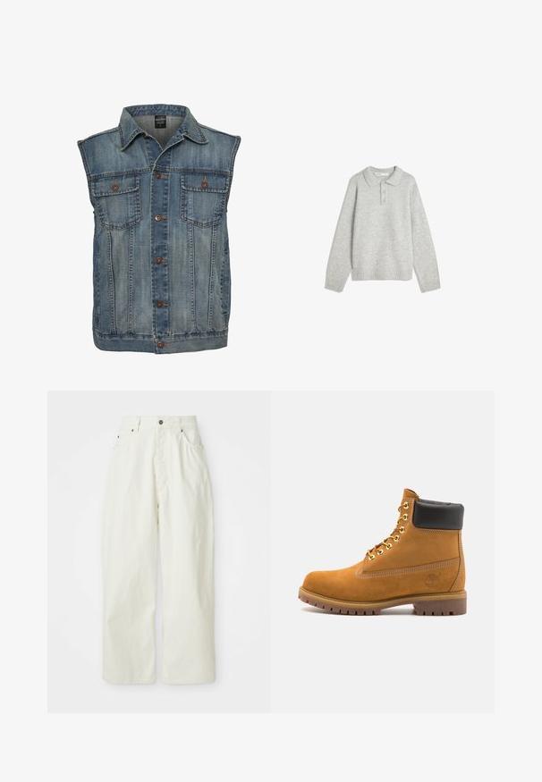 Fakó kék farmermellény, ujjatlan kialakítással. Két mellzsebe, fémből készült gombok és galléros nyak rátétekkel rendelkezik. Textúrált anyag.; Szürke kötött pulóver, galléros nyakkal, három elülső gombbal és bordás hempergővel. Az anyag lágy és texturált, lazább szabású.; Fehér, bőszárú pamutnadrág, magas derékkal, öt zsebbel és fém gombos záródással. Sima textúra minimalista dizájnnal.; Barna velúr bokacipő fekete párnázott gallérral, arany fém fűzőlyukakkal, fehér varrási részletekkel és durva gumitalppal, amelynek kifejezett barázdái vannak.