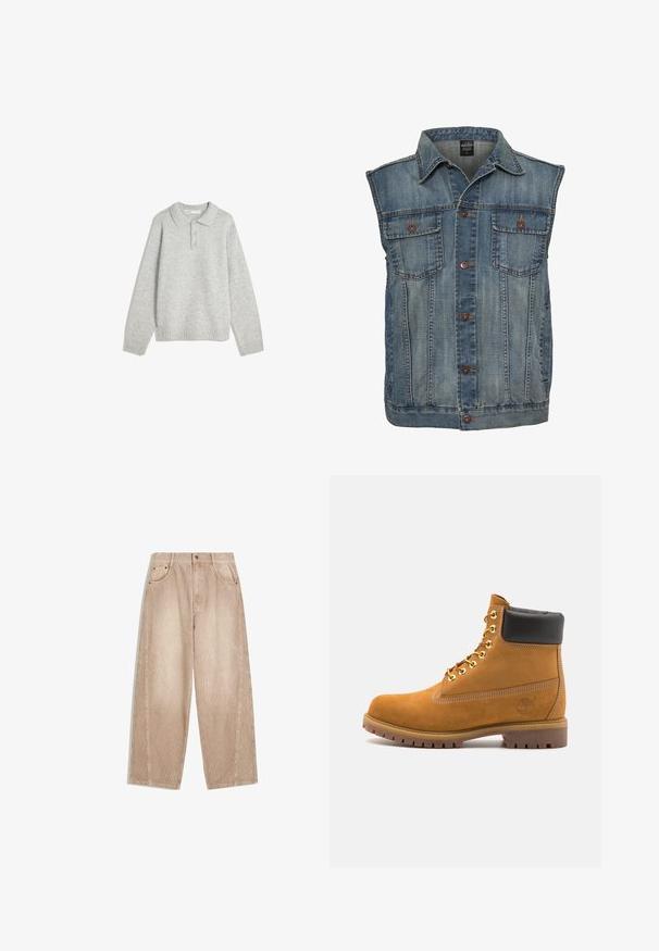 Gilet in denim blu sbiadito con design senza maniche. Presenta due tasche sul petto, bottoni in metallo e un colletto. Tessuto testurizzato.; Pullover grigio a maglia con colletto, tre bottoni frontali e orlo a costine. Il tessuto sembra morbido e strutturato, con una vestibilità rilassata.; Pantaloni a gamba larga in corduroy beige con righe verticali, dotati di tasche frontali, passanti per la cintura e chiusura con zip e bottone.; Stivale alla caviglia in suede tan con collare imbottito nero, occhielli in metallo dorato, dettagli in cucitura bianca e suola in gomma robusta con battistrada pronunciato.