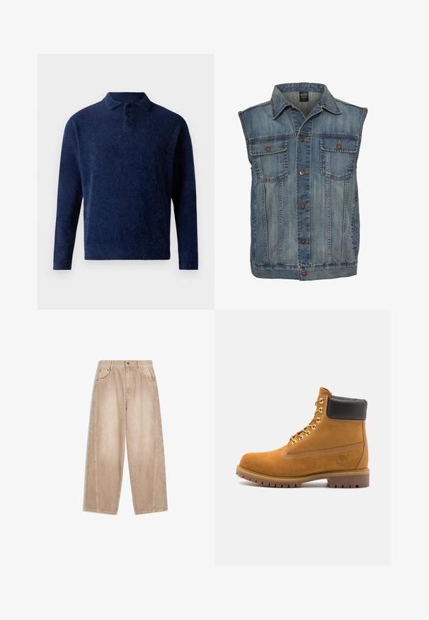 Fakó kék farmermellény, ujjatlan kialakítással. Két mellzsebe, fémből készült gombok és galléros nyak rátétekkel rendelkezik. Textúrált anyag.; Sötétkék pulóver, puha, strukturált anyagból készült. Gallérral, három gombos kivágással és hosszú ujjakkal rendelkezik. Minimalista kialakítás.; Bézs kordbársony bő szárú nadrág, vertikális bordázattal, elülső zsebekkel, övbújtatókkal és cipzáras, gombos záródással.; Barna velúr bokacipő fekete párnázott gallérral, arany fém fűzőlyukakkal, fehér varrási részletekkel és durva gumitalppal, amelynek kifejezett barázdái vannak.