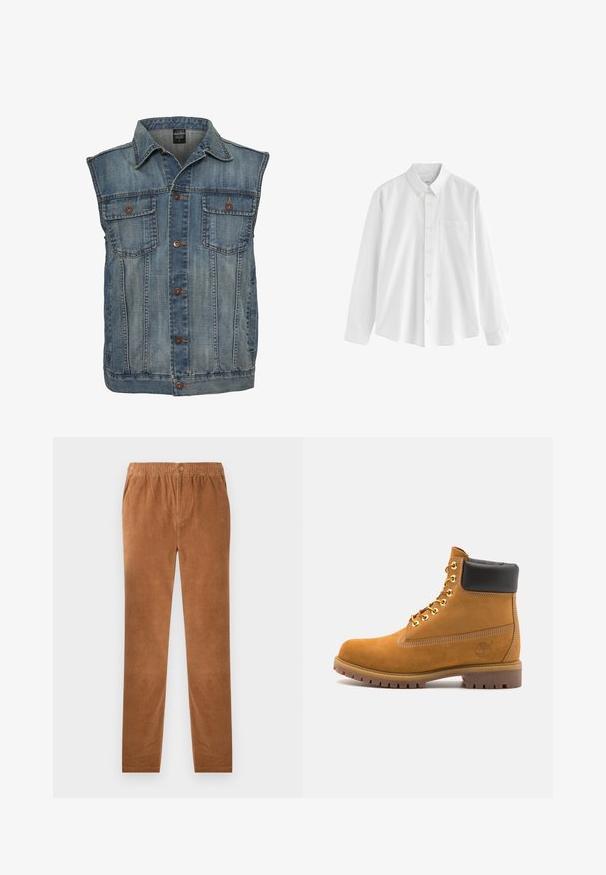 Gilet in denim blu sbiadito con design senza maniche. Presenta due tasche sul petto, bottoni in metallo e un colletto. Tessuto testurizzato.; Camicia bianca a manica lunga realizzata in cotone, con colletto button-down, una tasca sul petto e una vestibilità comoda. Presenta piccoli bottoni lungo la parte anteriore.; Pantaloni in corduroy marroni con vita elastica, dotati di chiusura a bottone. Design a gamba dritta e tessuto morbido e textured.; Stivale alla caviglia in suede tan con collare imbottito nero, occhielli in metallo dorato, dettagli in cucitura bianca e suola in gomma robusta con battistrada pronunciato.