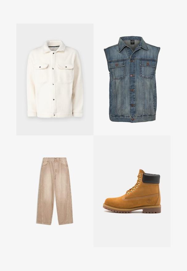 Denim vest in faded blue with a sleeveless design. Features two chest pockets, metal buttons, and a collared neckline. Textured fabric.; Fleece jacket in off-white with button closure, two chest pockets, and a shirt collar. Features a textured surface and rounded cuffs.; Beige corduroy wide-leg trousers with vertical ribbing, featuring front pockets, belt loops, and a zip fly with button closure.; Tan suede ankle boot with black padded collar, gold metal eyelets, white stitching detailing, and rugged rubber sole with pronounced treads.