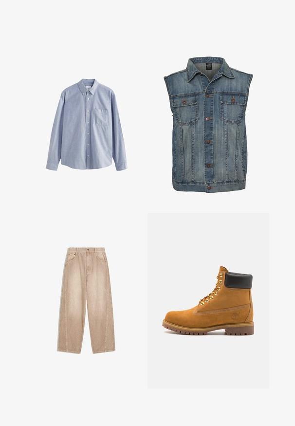 Jeansweste in verblasstem Blau mit ärmellosem Design. Verfügt über zwei Brusttaschen, Metallknöpfe und einen kragenlosen Halsausschnitt. Strukturiertes Gewebe.; Helles blaues Langarmshirt aus Baumwolle mit einem Button-Down-Kragen, sechs Knöpfen und einer Brusttasche mit weicher Textur.; Beige corduroy-Hosen mit weitem Bein und vertikalen Rippen, ausgestattet mit Fronttaschen, Gürtelschlaufen und einem Reißverschluss mit Knopfverschluss.; Beige Wildleder-Ankle-Boot mit schwarzem gepolstertem Kragen, goldenen Metallösen, weißen Nähdetalben und einer robusten Gummisohle mit ausgeprägtem Profil.