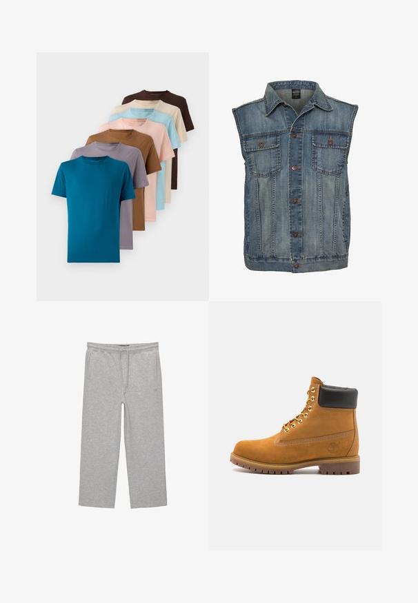 Denimová vesta ve vybledlé modré barvě s bezrukávovým designem. Obsahuje dvě prsní kapsy, kovové knoflíky a límečkový výstřih. Texturovaná tkanina.; Sada osmi triček s kulatým výstřihem v různých barvách: tyrkysová, hnědá, béžová, světle modrá, světle růžová, šedá a levandulová, vyrobená z hladké látky.; Šedé bavlněné tepláky s elastickým pasem, šňůrkou na stažení a dvěma bočními kapsami; rovný střih, měkký povrch, bez vzoru.; Hnědé semišové kotníkové boty s černým polstrovaným límcem, zlatými kovovými očky, bílým prošíváním a odolnou gumovou podrážkou s výraznými drážkami.