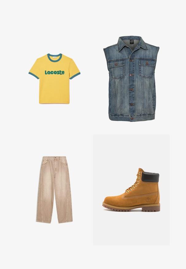 Jeansweste in verblasstem Blau mit ärmellosem Design. Verfügt über zwei Brusttaschen, Metallknöpfe und einen kragenlosen Halsausschnitt. Strukturiertes Gewebe.; Gelbes Baumwoll-T-Shirt mit blauem, geripptem Rundhalsausschnitt und Ärmeln, auf der Vorderseite mit einem auffälligen grünen "Lacoste"-Logo bedruckt.; Beige corduroy-Hosen mit weitem Bein und vertikalen Rippen, ausgestattet mit Fronttaschen, Gürtelschlaufen und einem Reißverschluss mit Knopfverschluss.; Beige Wildleder-Ankle-Boot mit schwarzem gepolstertem Kragen, goldenen Metallösen, weißen Nähdetalben und einer robusten Gummisohle mit ausgeprägtem Profil.