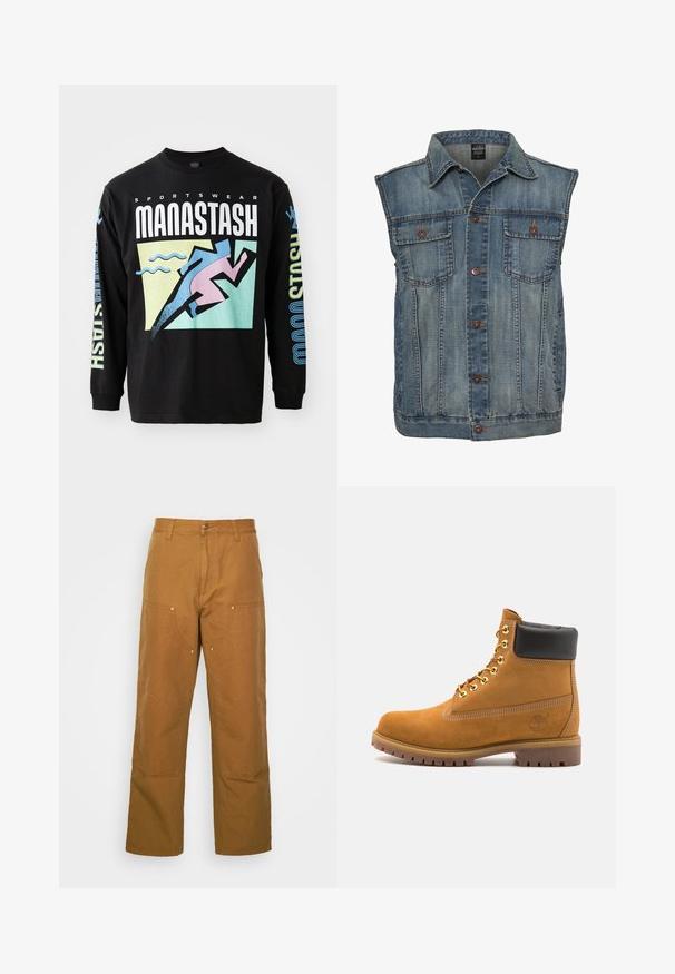 Gilet in denim blu sbiadito con design senza maniche. Presenta due tasche sul petto, bottoni in metallo e un colletto. Tessuto testurizzato.; T-shirt nera a maniche lunghe con un design grafico che presenta un corridore in rosa, forme geometriche, e testo bianco e blu, realizzata in cotone.; Pantaloni utility in cotone marrone con design a gamba dritta, dotati di tasche anteriori e dettagli in metallo per una maggiore durata.; Stivale alla caviglia in suede tan con collare imbottito nero, occhielli in metallo dorato, dettagli in cucitura bianca e suola in gomma robusta con battistrada pronunciato.