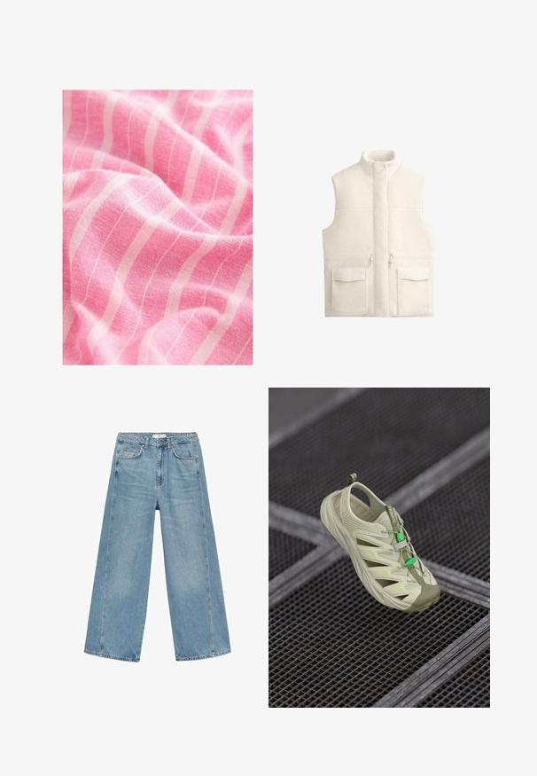 Weißer Fleece-Weste mit hohem Kragen, Reißverschluss und zwei großen Fronttaschen, die eine weiche Textur und ein sauberes, minimalistisches Design aufweist.; Rosa Stoff hat eine strukturierte Oberfläche mit auffälligen weißen, vertikalen Streifen. Das Material wirkt weich und leicht und zeigt sanfte Drapierungen.; Helle blaue weit geschnittene Jeans aus Denim, mit hoher Taille, zwei vorderen Taschen und sichtbaren Nähten entlang der Seitennähte.; Hellegrüner Sportschuh mit offenem Mesh-Design, Gummisohle, verstellbaren Schnürsenkeln und kontrastierenden neongrünen Akzenten. Leicht und atmungsaktiv.