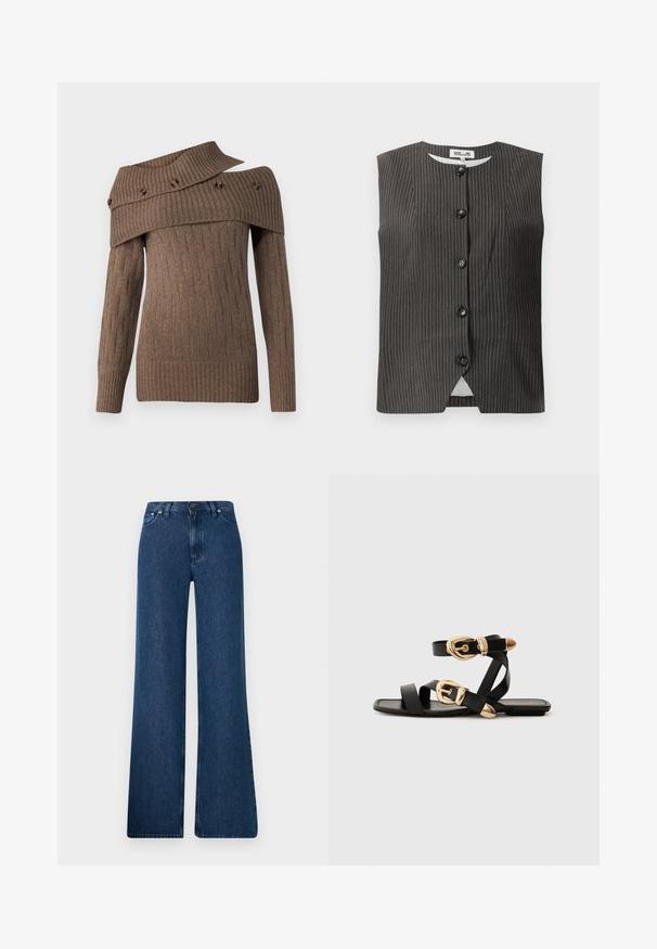 Mørk ærmeløs vest med lodrette striber, der har fem frontknapper, rund halsudskæring samt et glat stof med en subtil glans.; Brun strikket sweater med asymmetrisk design, ribbet struktur og dekorative knapper på den brede krave, med lange ærmer.; Blå denim flared jeans med høj talje, fem-lomme design og metalknaplukning. Glat tekstur, afslappet stil og minimal syning.; Sorte lædersandaler med guldspænde detaljer, der har flere stropper og et fladt såldesign til åbne tåer.