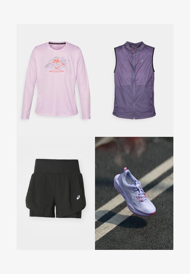 Lightweight, sleeveless vest in a muted purple shade. Features a high collar, front zipper, and contrasting black armholes. Smooth texture.; Long-sleeve athletic shirt in light pink, featuring a mountain graphic in silver and orange. Fabric has a smooth texture and round neckline.; Black athletic shorts featuring a breathable mesh overlay, inner shorts with smooth texture, and a white logo on the left side.; Light purple running shoe with a textured upper, pink accents, a round lacing mechanism, and a speckled sole, elevated above a pavement background.