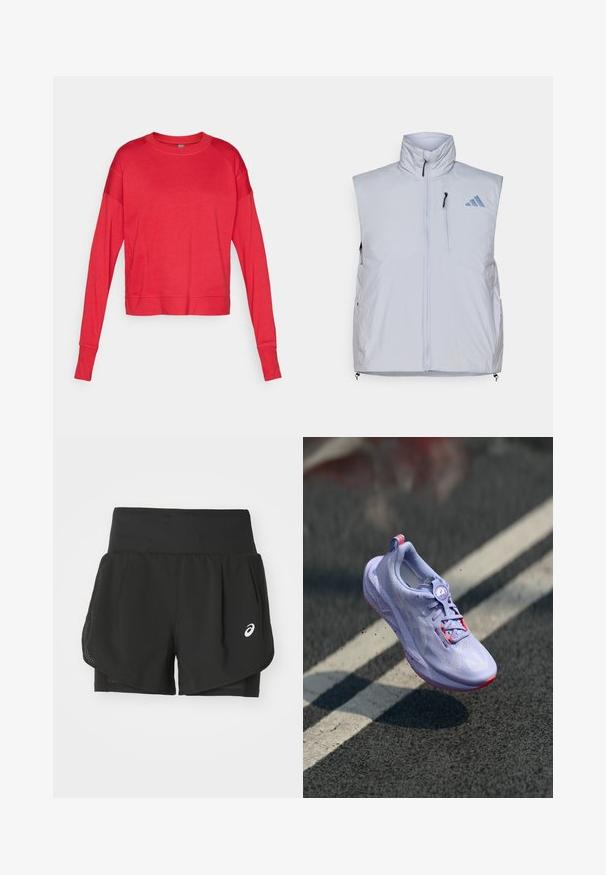 Colete sem mangas de cor cinza claro com gola alta, fecho frontal por zíper, bolso no peito esquerdo e puxadores do zíper em preto; apresenta um logótipo azul no ombro direito.; Moleton vermelho de mangas longas e gola redonda, feito de um tecido suave, com mangas raglan, costuras planas e um corte descontraído. Sem marcas visíveis.; Calções de desporto pretos com uma sobreposição de malha respirável, calções interiores com textura suave e um logótipo branco no lado esquerdo.; Sapatilha de corrida lilás claro com um upper texturizado, detalhes em rosa, um mecanismo de atilho redondo e uma sola salpicada, elevada sobre um fundo de pavimento.