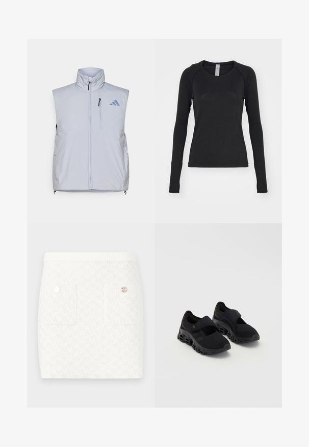 Šviesiai pilkas be rankovių liemenė su aukšta apykakle, priekiniais užtrauktukais, kairėje krūtinėje kišene ir juodais užtrauktukų traukliais; ypatumėse yra mėlynas logotipas dešinėje peties pusėje.; Juoda ilgomis rankovėmis marškinėliai, pagaminti iš minkštos medžiagos. Suapvalintas kaklas ir raglano tipo rankovės su išpjovomis nykščiams ant rankogalių. Minimalistinis dizainas.; Trumpas baltas sijonas su tekstūruotu raštu, su dviem priekinėmis kišenėmis ir dekoratyvinėmis auksinės spalvos sagutėmis. Elastinga juosmens juosta komfortui.; Juodieji sportiniai batai su tinklo viršumi, saugiu tvirtinimu per pėdą, storesne padanga su apvaliais įpjovimais ir tekstūruotomis detalėmis šonuose.