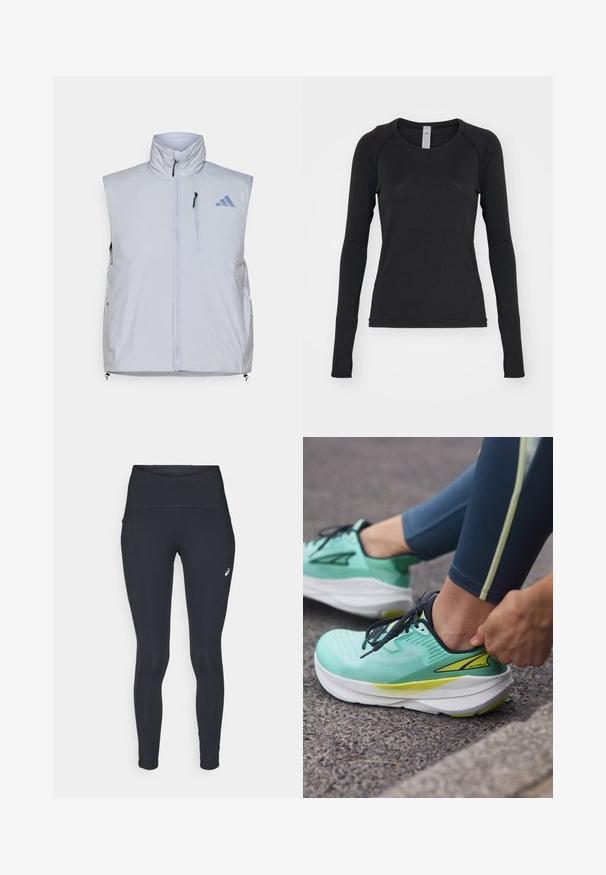 Gilet senza maniche grigio chiaro con colletto alto, zip frontale, tasca sul lato sinistro del petto e tirazip neri; presenta un logo blu sulla spalla destra.; Camicia a maniche lunghe nera, realizzata in tessuto morbido. Presenta un collo rotondo e maniche raglan con aperture per il pollice nei polsini. Design minimalista.; ASICS ROAD HIGH WAIST - Leggings invernali - performance black; Altra EXPERIENCE FLOW - Scarpe da corsa su strada - mint