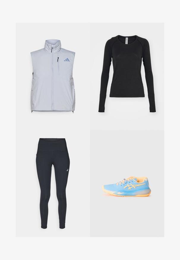 Svetlo siva brezrokavnik z visokim ovratnikom, sprednjim zadrgo, žepom na levi strani prsnega koša in črnimi zadrgami; na desnem ramu je modri logotip.; Majica s dolgimi rokavi v črni barvi, izdelana iz mehkega blaga. Ima okroglo ovratnik in raglan rokave z odprtinami za prste na zapestjih. Minimalističen dizajn.; ASICS ROAD HIGH WAIST - Zimske pajkice - performance black; Svetlo modra športna čevlja z oranžnimi poudarki; mrežni zgornji del, okrogla konica in teksturiran podplat za oprijem. Vključuje označene detajle in vezalke.