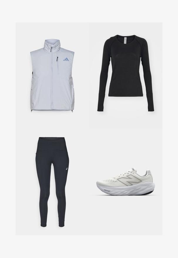 Jasnoszara kamizelka bez rękawów z wysokim kołnierzem, z przodu na zamek błyskawiczny, kieszenią na lewej piersi oraz czarnymi uchwytami zamka; na prawym ramieniu znajduje się niebieskie logo.; Czarna koszula z długim rękawem, wykonana z miękkiego materiału. Posiada okrągły dekolt oraz rękawy raglanowe z otworami na kciuki przy mankietach. Minimalistyczny design.; ASICS ROAD czarny; Białe buty sportowe z siateczkową cholewką, z wyściełanym kołnierzem, teksturowaną podeszwą i brandingiem "Fresh Foam" na śródpodeszwie.