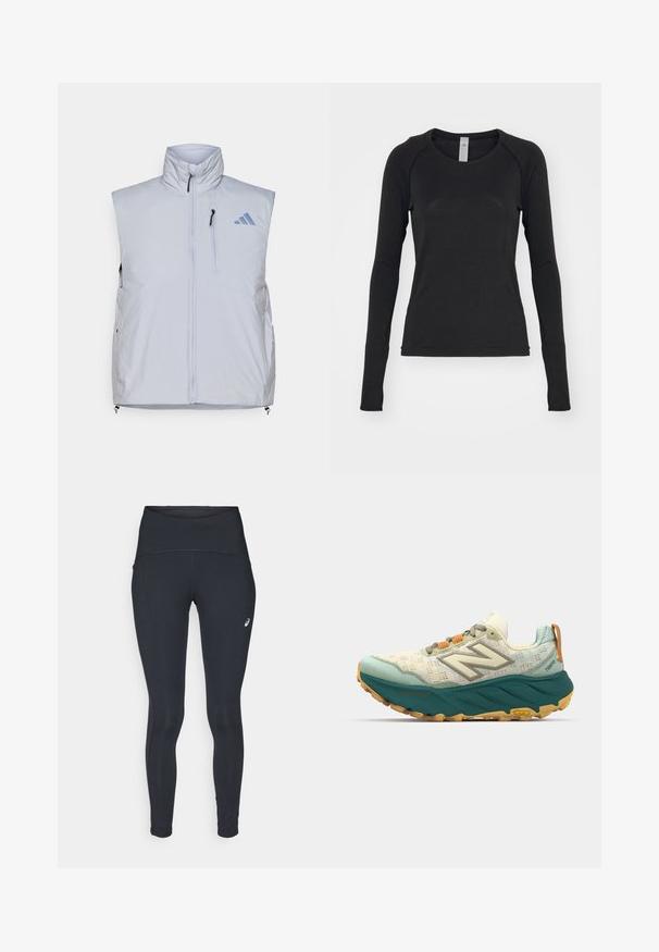 Light gray sleeveless vest with high collar, front zipper, left chest pocket, and black zipper pulls; features a blue logo on the right shoulder.; Long-sleeve shirt in black, made of soft fabric. Features a crew neck and raglan sleeves with thumbholes at cuffs. Minimalist design.; ASICS ROAD HIGH WAIST - Winter tights - performance black; Men's running shoe featuring a light mesh upper in cream and teal, a cushioned turquoise sole, and orange laces with reflective details.