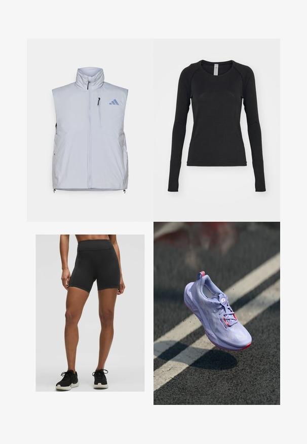 Svetlo siva brezrokavnik z visokim ovratnikom, sprednjim zadrgo, žepom na levi strani prsnega koša in črnimi zadrgami; na desnem ramu je modri logotip.; Majica s dolgimi rokavi v črni barvi, izdelana iz mehkega blaga. Ima okroglo ovratnik in raglan rokave z odprtinami za prste na zapestjih. Minimalističen dizajn.; Visoko krojena črna športna kratka hlače iz raztegljivega materiala, ki imajo gladko teksturo in čiste šive, idealne za vadbo.; Svetlo vijoličasti tekaški čevlji z teksturiranim zgornjim delom, rožnatimi poudarki, okroglim sistemom vezanja in pegastim podplatom, dvignjeni nad ozadjem asfaltne površine.