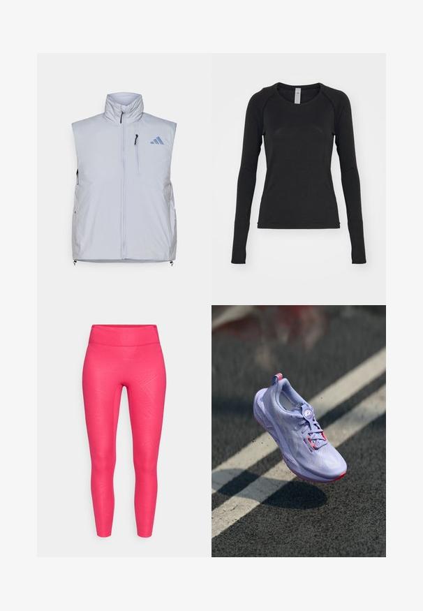 Světle šedá bezrukávová vesta s vysokým límcem, předním zipem, kapsou na levé straně hrudi a černými táhly zipu; obsahuje modré logo na pravém rameni.; Černá dlouhá rukávová košile vyrobená z měkké látky. Má kulatý výstřih a raglánové rukávy s otvory na palce na manžetách. Minimalistický design.; Růžové legíny se strukturálním vzorem, vysokým pasem a přiléhavým střihem. Vyrobeny z elastického materiálu, který se přizpůsobuje postavě.; Světle fialová běžecká bota s texturovaným svrškem, růžovými detaily, kulatým systémem šněrování a puntíkovanou podrážkou, umístěná nad pozadím z asfaltu.