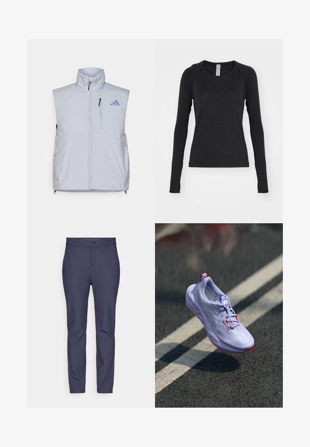 Gaiši pelēks bez piedurknēm vestes ar augstu apkakli, priekšējo rāvējslēdzēju, kreisās krūts kabatu un melniem rāvējslēdzējiem; uzlabots ar zilu logo labajā plecā.; Melna garām piedurknēm krekls, izgatavots no mīksta auduma. Iekļauj apaļu kakla izgriezumu un raglan piedurknes ar caurumiem īkšķiem pie aprocēm. Minimalistisks dizains.; Tumši zili bikses, kas izgatavotas no elastīga auduma ar gludu tekstūru, ar standarta jostasvietu un pogu aizdari, kā arī sašaurinātiem kājām.; Gaiši violeta skriešanas apavi ar teksturētu virsmas materiālu, rožīgu akcentu, apaļu šņorēšanas mehānismu un punktētu zoli, izbīdīti virs asfalta fona.