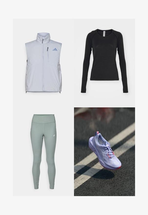 Gilet senza maniche grigio chiaro con colletto alto, zip frontale, tasca sul lato sinistro del petto e tirazip neri; presenta un logo blu sulla spalla destra.; Camicia a maniche lunghe nera, realizzata in tessuto morbido. Presenta un collo rotondo e maniche raglan con aperture per il pollice nei polsini. Design minimalista.; ASICS CORE - Leggings da corsa lunghi - monument blue; Scarpa da corsa di colore viola chiaro con una tomaia texturizzata, dettagli rosa, un meccanismo di allacciatura rotondo e una suola maculata, elevata sopra uno sfondo di pavimentazione.