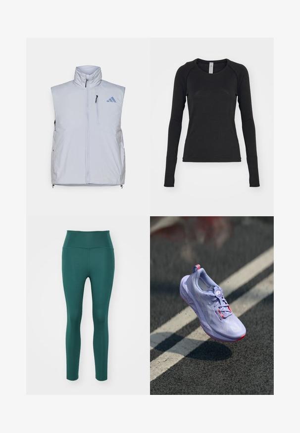 Vaaleanharmaa hihaton liivi, jossa on korkea kaulus, etuvetoketju, vasemmassa rinnassa tasku ja mustat vetoketjun vedot; oikeassa hartiassa sininen logo.; Pitkähihaista mustaa paitaa, joka on valmistettu pehmeästä kankaasta. Ominaisuuksina pyöreä pääntie ja raglan-hihat, joissa on sormiaukot hihansuissa. Minimalistinen muotoilu.; Korkeavyötäröiset legginsit syvän turkoosina, valmistettu sileästä ja joustavasta kankaasta. Ominaisuuksia ovat tiukka muotoilu ilman näkyviä saumoja tai kuvioita.; Vaaleanlila juoksukenkä, jossa on teksturoitu yläosa, vaaleanpunaisia aksentteja, pyöreä nauhoitusmekanismi ja pilkullinen pohja, kohoaa asfalttitaustan ylle.