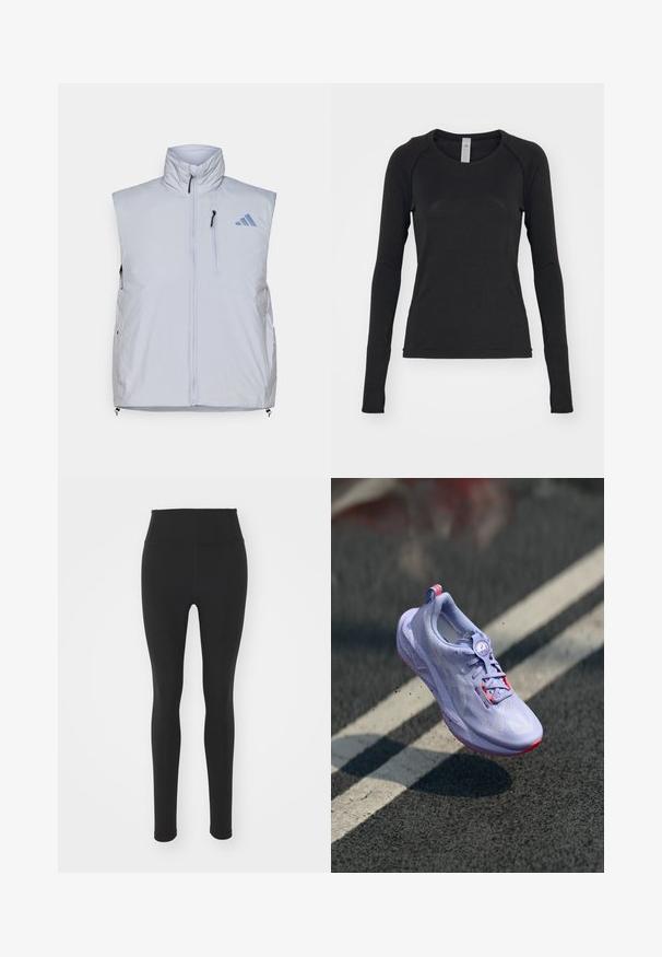 Vaaleanharmaa hihaton liivi, jossa on korkea kaulus, etuvetoketju, vasemmassa rinnassa tasku ja mustat vetoketjun vedot; oikeassa hartiassa sininen logo.; Pitkähihaista mustaa paitaa, joka on valmistettu pehmeästä kankaasta. Ominaisuuksina pyöreä pääntie ja raglan-hihat, joissa on sormiaukot hihansuissa. Minimalistinen muotoilu.; Mustat korkean vyötärön legginssit, jotka on valmistettu joustavasta materiaalista. Ne ovat sileäpintaiset ja istuvat hyvin, ulottuen nilkkoihin asti ilman kuvioita.; Vaaleanlila juoksukenkä, jossa on teksturoitu yläosa, vaaleanpunaisia aksentteja, pyöreä nauhoitusmekanismi ja pilkullinen pohja, kohoaa asfalttitaustan ylle.