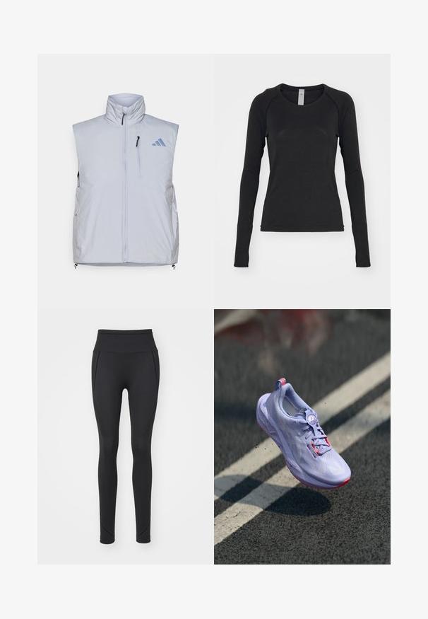 Vesta fără mâneci, de culoare gri deschis, cu guler înalt, fermoar frontal, buzunar pe pieptul stâng și mânere de fermoar negre; prezintă un logo albastru pe umărul drept.; Cămașă cu mâneci lungi, de culoare neagră, făcută dintr-un material moale. Are guler rotund și mâneci raglan cu găuri pentru degete la mansete. Design minimalist.; Leggings negre cu talie înaltă, fabricate dintr-un material neted și elastic, cu panouri texturate pe laterale și glezne ajustate.; Încălțăminte de alergare de culoare lavandă deschisă, cu un material superior texturat, accente roz, un mecanism de legare rotund și o talpă cu pete, ridicată deasupra unui fundal de asfalt.