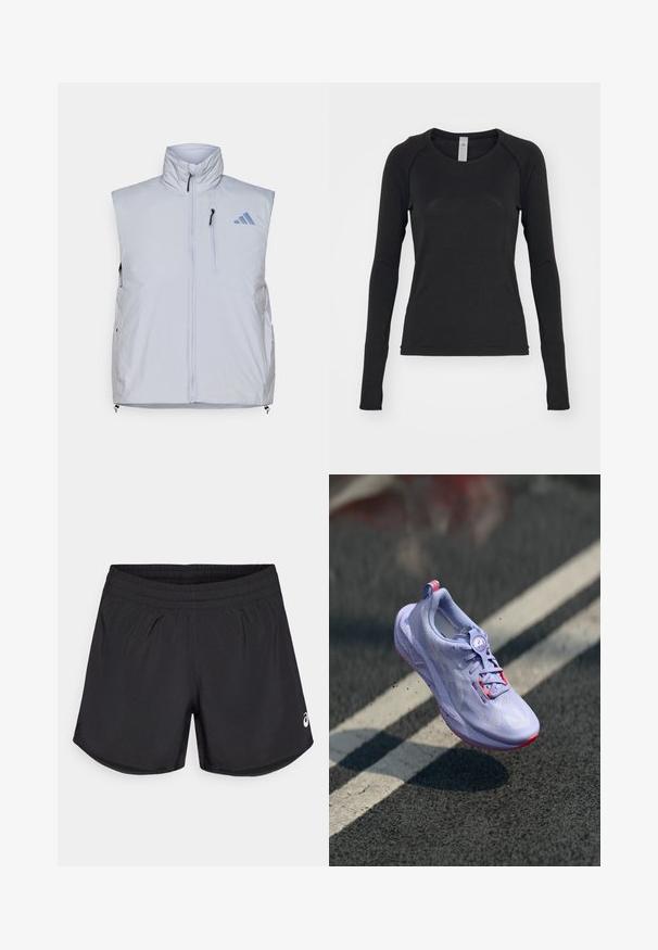 Gilet senza maniche grigio chiaro con colletto alto, zip frontale, tasca sul lato sinistro del petto e tirazip neri; presenta un logo blu sulla spalla destra.; Camicia a maniche lunghe nera, realizzata in tessuto morbido. Presenta un collo rotondo e maniche raglan con aperture per il pollice nei polsini. Design minimalista.; Shorts sportivi neri con vita elasticizzata, texture liscia e sottili aperture laterali. Presentano un piccolo logo bianco sul lato destro inferiore.; Scarpa da corsa di colore viola chiaro con una tomaia texturizzata, dettagli rosa, un meccanismo di allacciatura rotondo e una suola maculata, elevata sopra uno sfondo di pavimentazione.
