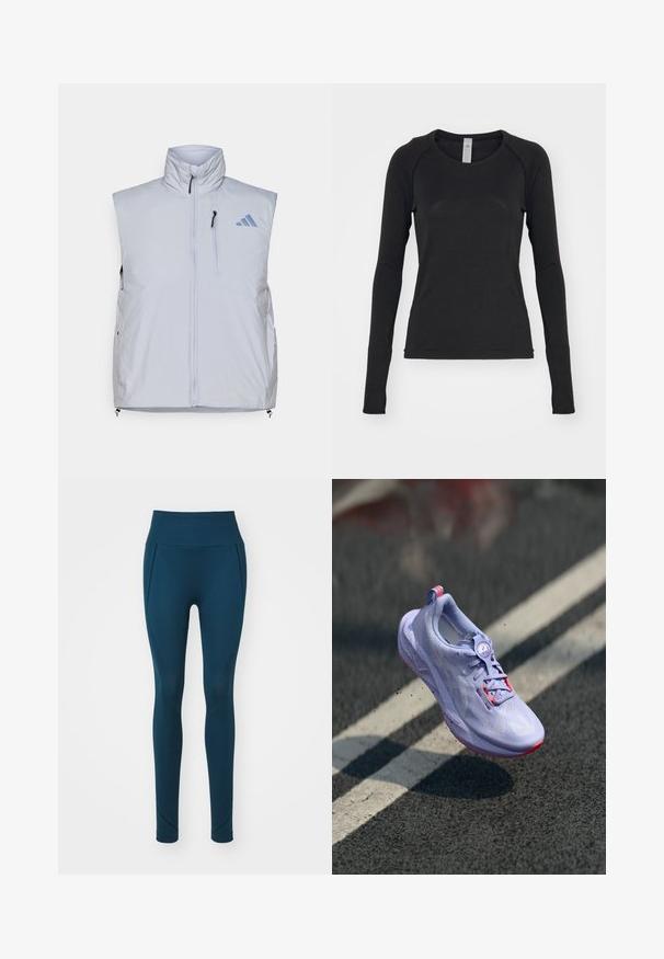 Vesta fără mâneci, de culoare gri deschis, cu guler înalt, fermoar frontal, buzunar pe pieptul stâng și mânere de fermoar negre; prezintă un logo albastru pe umărul drept.; Cămașă cu mâneci lungi, de culoare neagră, făcută dintr-un material moale. Are guler rotund și mâneci raglan cu găuri pentru degete la mansete. Design minimalist.; Leggings teal cu talie înaltă, având un design texturat și un material neted. Pantalonii au cusături curbe pentru un aspect ajustat.; Încălțăminte de alergare de culoare lavandă deschisă, cu un material superior texturat, accente roz, un mecanism de legare rotund și o talpă cu pete, ridicată deasupra unui fundal de asfalt.