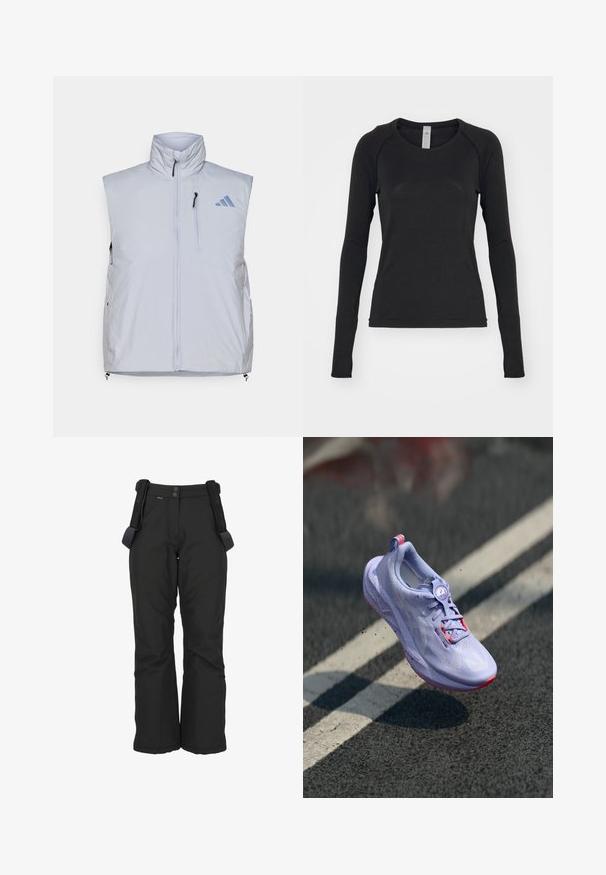 Chaleco sin mangas de color gris claro con cuello alto, cremallera frontal, bolsillo en el pecho izquierdo y tiradores de cremallera negros; presenta un logotipo azul en el hombro derecho.; Camisa de manga larga en negro, hecha de una tela suave. Cuenta con un cuello redondo y mangas raglán con agujeros para los pulgares en los puños. Diseño minimalista.; Pantalones de nieve impermeables negros con tirantes ajustables, que presentan una textura suave, un diseño de pierna recta y costuras reforzadas para mayor durabilidad.; Zapatilla de correr en tono púrpura claro con un upper texturizado, detalles en color rosa, un mecanismo de cordones redondo y una suela moteada, elevándose sobre un fondo de pavimento.