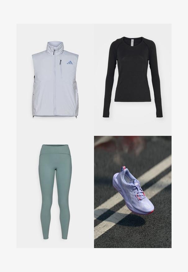 Világosszürke, ujjatlan mellény magas gallérral, elülső cipzárral, bal oldali mellzsebbel és fekete cipzárhúzókkal; a jobb vállán kék logó található.; Fekete hosszú ujjú póló, puha anyagból készült. Kerek nyakú és rakott ujjal rendelkezik, az ujjak végén hüvelykujjnak való nyílással. Minimalista dizájn.; Magasan szabott leggings egy tompa teal színben, sima, rugalmas anyagból, finom varrási részletekkel. A fazon testhez simuló.; Világosszürke futócipő, texturált felsőrésszel, rózsaszín díszítéssel, kerek fűzőrendszerrel és pöttyözött talppal, aszfalt háttér előtt emelve.