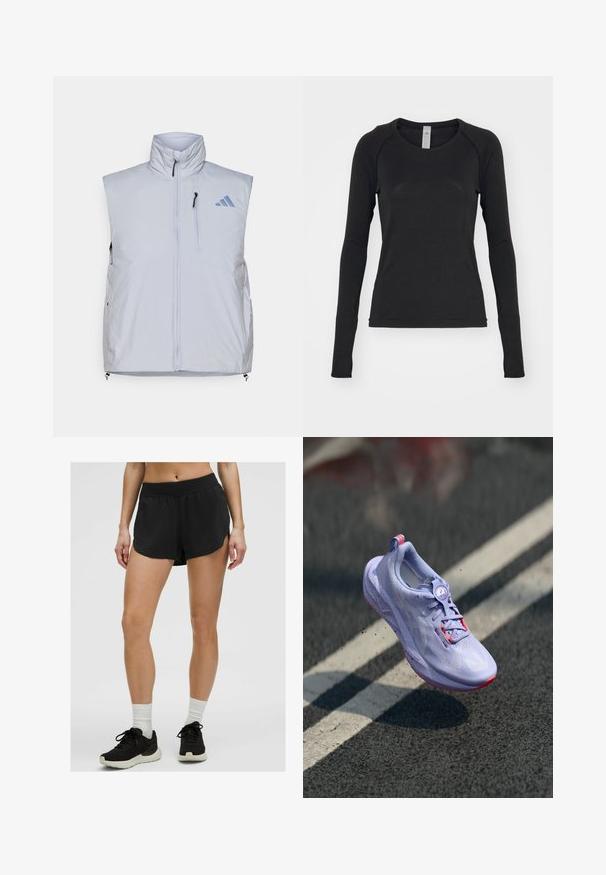 Chaleco sin mangas de color gris claro con cuello alto, cremallera frontal, bolsillo en el pecho izquierdo y tiradores de cremallera negros; presenta un logotipo azul en el hombro derecho.; Camisa de manga larga en negro, hecha de una tela suave. Cuenta con un cuello redondo y mangas raglán con agujeros para los pulgares en los puños. Diseño minimalista.; Shorts deportivos negros con cintura elástica, de corte holgado y con aberturas laterales; combinados con zapatillas deportivas negras y calcetines blancos de caña corta.; Zapatilla de correr en tono púrpura claro con un upper texturizado, detalles en color rosa, un mecanismo de cordones redondo y una suela moteada, elevándose sobre un fondo de pavimento.