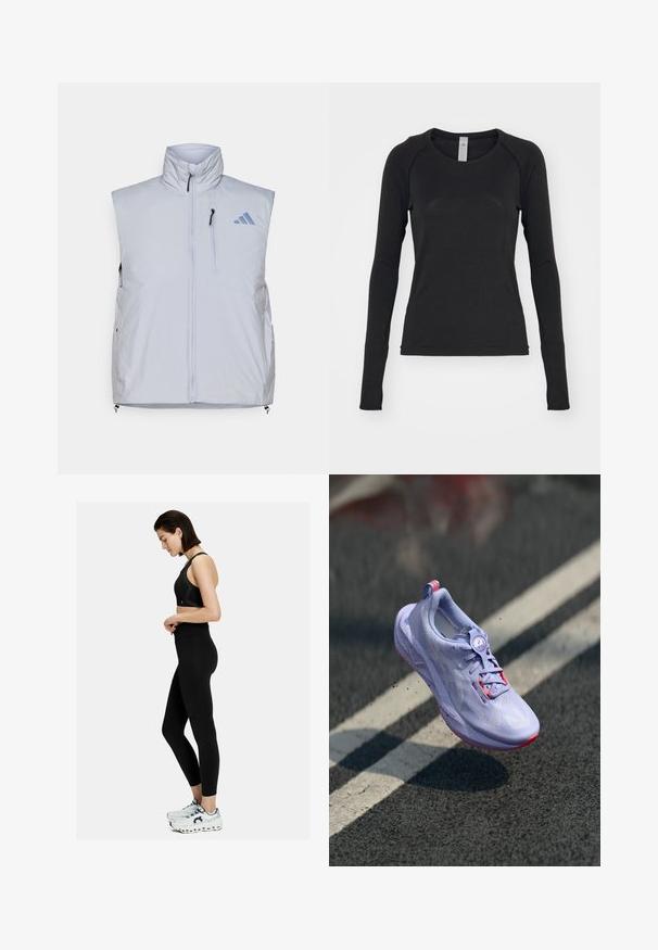 Lichtgrijze mouwloze vest met hoge kraag, rits aan de voorkant, linkerkleppen zak en zwarte ritsen; heeft een blauw logo op de rechterschouder.; Zwarte longsleeve shirt, gemaakt van zachte stof. Beschikt over een ronde hals en raglanmouwen met duimgaten bij de manchetten. Minimalistisch ontwerp.; Zwarte sportbeha en leggings met een hoge taille. Heeft een gladde textuur en een strakke pasvorm. Gecombineerd met witte en grijze sneakers.; Lichtpaarse hardloopschoen met een gestructureerde bovenkant, roze accenten, een rond vetersysteem en een gespikkelde zool, verhoogd boven een asfaltachtergrond.