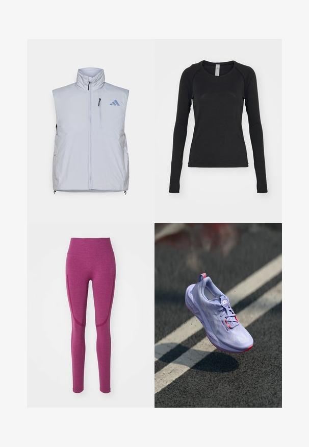 Ljusgrå ärmlös väst med hög krage, framdragkedja, vänster bröstficka och svarta dragkedja-holkar; har en blå logo på höger axel.; Svart långärmad skjorta, tillverkad av mjukt tyg. Har rundad halsringning och raglanärmar med tumhål vid ärmsluten. Minimalistisk design.; Tajta leggings i en djup lila nyans, tillverkade av ett texturerat tyg. Har en hög midja och sömlösa sidopaneler med kontrasterande accentfärger.; Ljuslila löparsko med en texturerad ovandel, rosa accenter, en rund snörningsmekanism och en fläckig sula, lyft över en asfaltbakgrund.