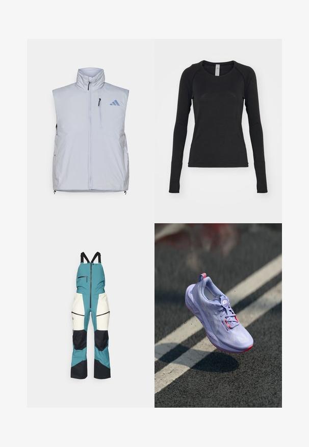 Hellgraue ärmellose Weste mit hohem Kragen, Frontreißverschluss, linker Brusttasche und schwarzen Reißverschluss-Anfassern; verfügt über ein blaues Logo auf der rechten Schulter.; Langärmliges Shirt in Schwarz, aus weichem Stoff. Es hat einen Rundhalsausschnitt und Raglanärmel mit Daumenlöchern an den Bündchen. Minimalistisches Design.; Peak Performance VERTICAL GORE-TEX PRO BIB - Skihose - hydro fresh/sand fog; Helle lila Laufschuh mit strukturiertem Obermaterial, pinken Akzenten, einem runden Schnürsystem und einer gesprenkelten Sohle, die über einem Asphalt-Hintergrund schwebt.