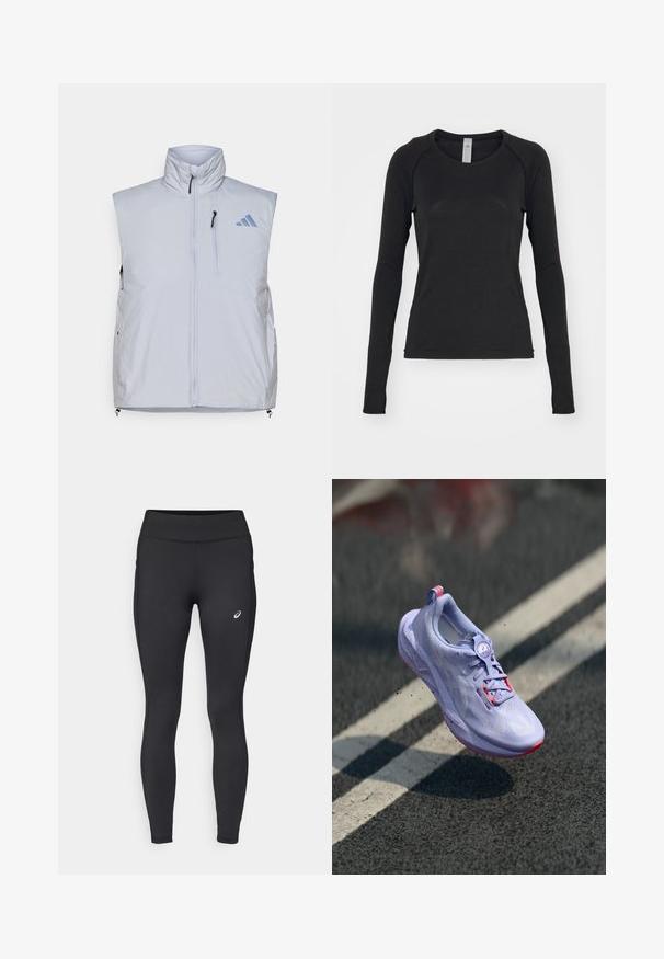 Chaleco sin mangas de color gris claro con cuello alto, cremallera frontal, bolsillo en el pecho izquierdo y tiradores de cremallera negros; presenta un logotipo azul en el hombro derecho.; Camisa de manga larga en negro, hecha de una tela suave. Cuenta con un cuello redondo y mangas raglán con agujeros para los pulgares en los puños. Diseño minimalista.; ASICS CORE WINTER - Mallas térmicas - performance black; Zapatilla de correr en tono púrpura claro con un upper texturizado, detalles en color rosa, un mecanismo de cordones redondo y una suela moteada, elevándose sobre un fondo de pavimento.