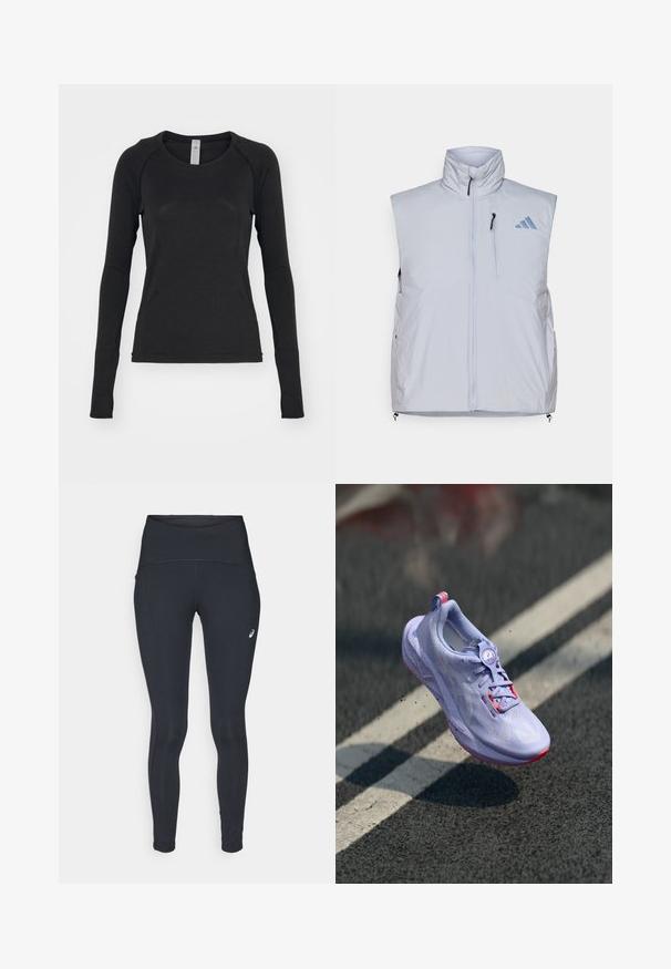 Vesta fără mâneci, de culoare gri deschis, cu guler înalt, fermoar frontal, buzunar pe pieptul stâng și mânere de fermoar negre; prezintă un logo albastru pe umărul drept.; Cămașă cu mâneci lungi, de culoare neagră, făcută dintr-un material moale. Are guler rotund și mâneci raglan cu găuri pentru degete la mansete. Design minimalist.; ASICS ROAD HIGH WAIST - Colanți de iarnă - performance black; Încălțăminte de alergare de culoare lavandă deschisă, cu un material superior texturat, accente roz, un mecanism de legare rotund și o talpă cu pete, ridicată deasupra unui fundal de asfalt.