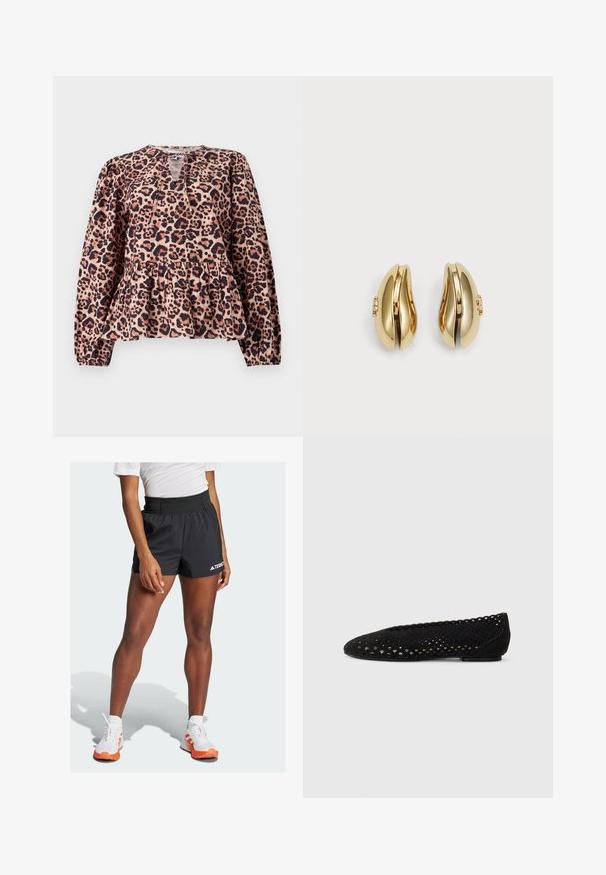 Šviesiai pilkas be rankovių liemenė su aukšta apykakle, priekiniais užtrauktukais, kairėje krūtinėje kišene ir juodais užtrauktukų traukliais; ypatumėse yra mėlynas logotipas dešinėje peties pusėje.; Leopardų rašto peplumo palaidinė su ilgomis rankovėmis, apvaliu iškirpimu ir raktų skylutės detalėmis. Pagaminta iš minkštos tekstūruotos medžiagos.; Juodi sportiniai šortai su plačiu juosmeniu, ant kurio yra užrašas "TERREX" ir Adidas logotipas. Pora su baltais bateliais, akcentuotais oranžine spalva.; Juodi balerinai, pagaminti iš perforuoto zomšo, su apvaliu kojų pirštu ir banguotais kraštais. Lygus padas su subtiliais paviršiaus detalėmis.; Aukso spalvos auskarai su srauniu, kreiviu dizainu. Kiekvienas auskoras turi lygų paviršių ir mažą užsegimą su dekoratyviu akcentu.