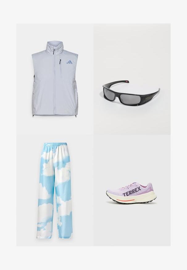 Svetlo šedý bezrúchový vest s vysokým golierom, predným zipsom, ľavými vreckom na hrudi a čiernymi ťahátkami zipsu; obsahuje modré logo na pravom pleci.; Dlhý rukáv bielej športovej košele s vysokým golierom, vyrobenej z hladkej, elastickej látky; má raglánové rukávy a malé čierne logo.; Bledomodré nohavice s motívom oblakov, vyrobené z hladkej látky, s elastickým pásom a širokými nohavicami. Žiadne viditeľné vrecká ani kovové prvky.; Fialová bežecká obuv s priedušnou sieťovinou, výrazným logom "TERREX", bielou medzipodrážkou a čiernou gumovou podrážkou s červeným akcentom.; Čierne slnečné okuliare Oakley s obopínajúcim rámom, tmavými obdĺžnikovými sklami a zakrivenými nožičkami na bielom pozadí.