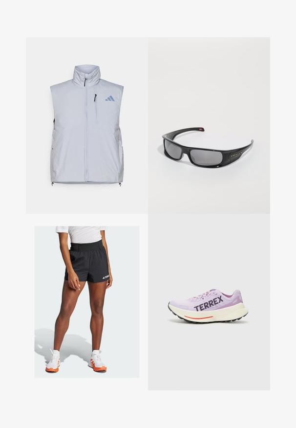 Light gray sleeveless vest with high collar, front zipper, left chest pocket, and black zipper pulls; features a blue logo on the right shoulder.; Long-sleeve white athletic shirt with a high neck, made of smooth, stretchy fabric; features raglan sleeves and a small black logo.; Black athletic shorts with a wide waistband, featuring the text "TERREX" and an Adidas logo. Paired with white shoes accented in orange.; Purple running shoe with breathable mesh upper, prominent "TERREX" logo, white midsole, and black rubber outsole with red accent.; Black Oakley wraparound sunglasses with dark rectangular lenses and curved arms on a plain white background.