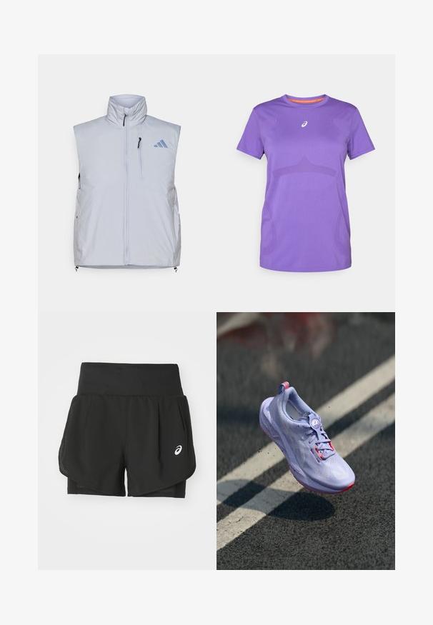 Chaleco sin mangas de color gris claro con cuello alto, cremallera frontal, bolsillo en el pecho izquierdo y tiradores de cremallera negros; presenta un logotipo azul en el hombro derecho.; Camiseta deportiva morada hecha de tejido transpirable. Presenta un cuello redondo, mangas cortas y un sutil patrón tonal en el frente.; Pantalones cortos deportivos negros que cuentan con una superposición de malla transpirable, pantalones internos con una textura suave y un logo blanco en el lado izquierdo.; Zapatilla de correr en tono púrpura claro con un upper texturizado, detalles en color rosa, un mecanismo de cordones redondo y una suela moteada, elevándose sobre un fondo de pavimento.