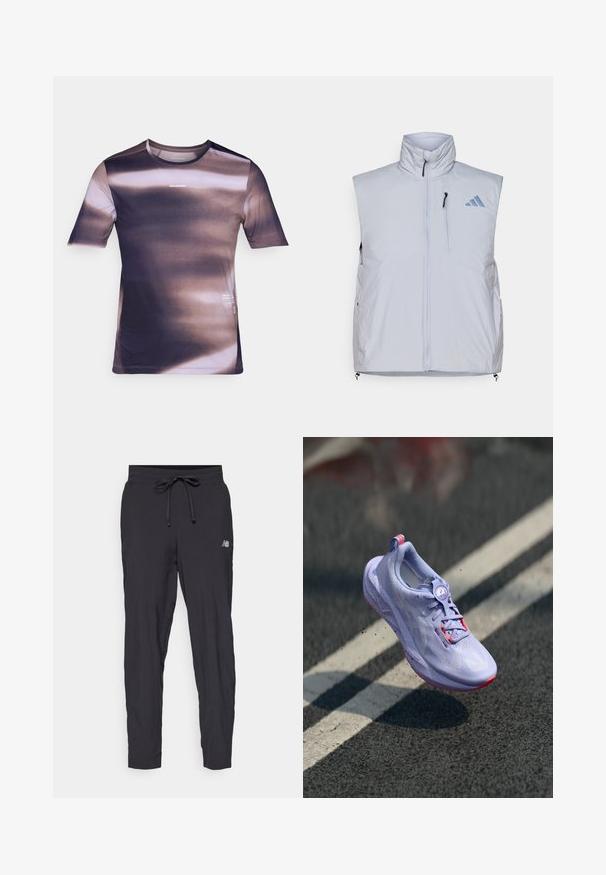 Gaiši pelēks bez piedurknēm vestes ar augstu apkakli, priekšējo rāvējslēdzēju, kreisās krūts kabatu un melniem rāvējslēdzējiem; uzlabots ar zilu logo labajā plecā.; Īsām piedurknēm sporta T-krekls gradienta purpura un brūnās krāsās, ar teksturētu audumu, apaļu dekoltē un logo detaļu.; Melnas sporta bikses, izgatavotas no viegla materiāla, ar elastīgu jostu un regulējamu auklu. Uz sāniem ir neliels logo.; Gaiši violeta skriešanas apavi ar teksturētu virsmas materiālu, rožīgu akcentu, apaļu šņorēšanas mehānismu un punktētu zoli, izbīdīti virs asfalta fona.