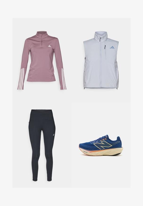 Light gray sleeveless vest with high collar, front zipper, left chest pocket, and black zipper pulls; features a blue logo on the right shoulder.; adidas Performance 1/4 ZIP - Long sleeved top - shadow fig/white; ASICS ROAD HIGH WAIST - Winter tights - performance black; Blue running shoe featuring a breathable mesh upper, padded collar, and a cushioned sole with an orange accent. "Fresh Foam" branding visible.