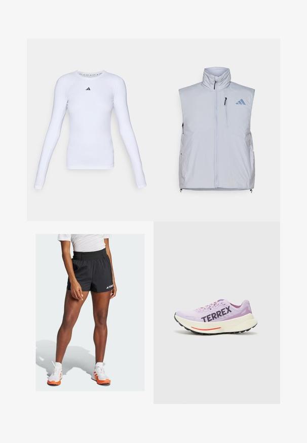 Light gray sleeveless vest with high collar, front zipper, left chest pocket, and black zipper pulls; features a blue logo on the right shoulder.; Long-sleeve white athletic shirt made of stretchy fabric, featuring a round neck and a small black logo on the chest area.; Black athletic shorts with a wide waistband, featuring the text "TERREX" and an Adidas logo. Paired with white shoes accented in orange.; Purple running shoe with breathable mesh upper, prominent "TERREX" logo, white midsole, and black rubber outsole with red accent.
