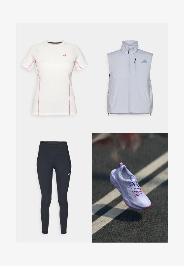 Light gray sleeveless vest with high collar, front zipper, left chest pocket, and black zipper pulls; features a blue logo on the right shoulder.; White short-sleeve athletic shirt with pink stitching along sides and sleeves, featuring a small pink Asics logo on the chest.; Long-sleeve shirt in black, made of soft fabric. Features a crew neck and raglan sleeves with thumbholes at cuffs. Minimalist design.; ASICS ROAD HIGH WAIST - Winter tights - performance black; Light purple running shoe with a textured upper, pink accents, a round lacing mechanism, and a speckled sole, elevated above a pavement background.