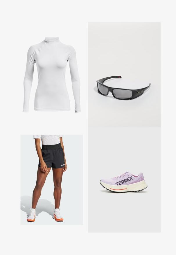 Gilet senza maniche grigio chiaro con colletto alto, zip frontale, tasca sul lato sinistro del petto e tirazip neri; presenta un logo blu sulla spalla destra.; Maglietta sportiva bianca a maniche lunghe con collo alto, realizzata in tessuto liscio e elasticizzato; presenta maniche raglan e un piccolo logo nero.; Shorts sportivi neri con una cintura larga, caratterizzati dal testo "TERREX" e dal logo Adidas. Abbinati a scarpe bianche con dettagli arancioni.; Scarpa da corsa viola con tomaia in mesh traspirante, logo "TERREX" ben visibile, intersuola bianca e suola in gomma nera con accenti rossi.; Occhiali da sole neri Oakley a fascia con lenti rettangolari scure e braccia curve su uno sfondo bianco semplice.