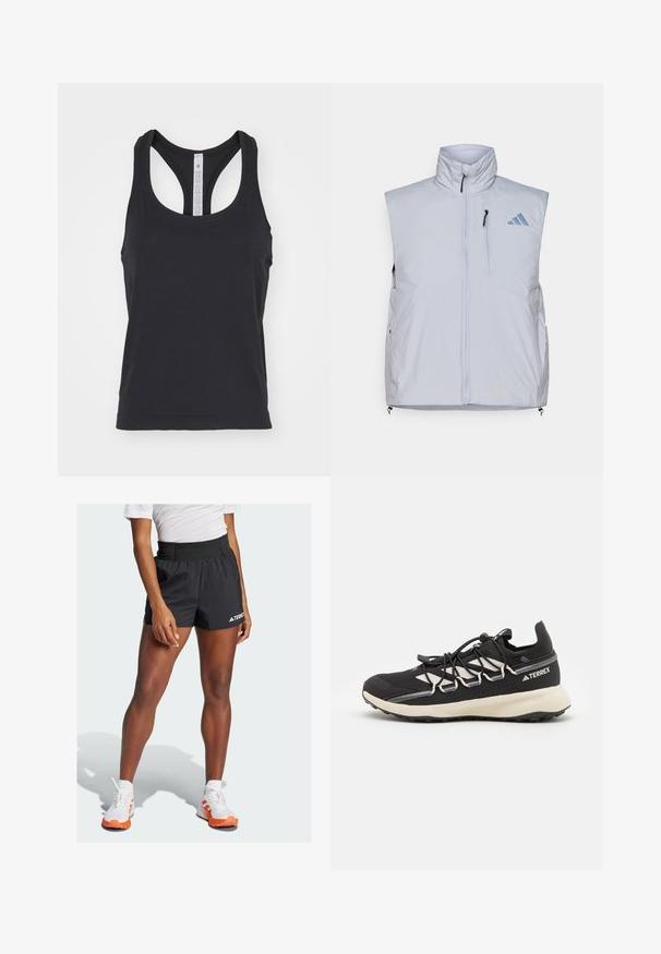 Chaleco sin mangas de color gris claro con cuello alto, cremallera frontal, bolsillo en el pecho izquierdo y tiradores de cremallera negros; presenta un logotipo azul en el hombro derecho.; lululemon SWIFTLY TECH RACERBACK TANK - Top - black black; Shorts atléticos negros con una cintura ancha, que presentan el texto "TERREX" y un logo de Adidas. Combinados con zapatos blancos con acentos en naranja.; Zapato deportivo negro con parte superior texturizada, acentos blancos en contraste, suela moldeada y cordones elásticos. Presenta un logo impreso en el talón.