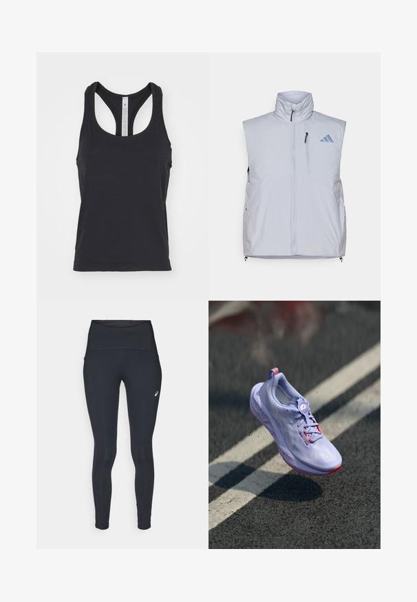 Gilet senza maniche grigio chiaro con colletto alto, zip frontale, tasca sul lato sinistro del petto e tirazip neri; presenta un logo blu sulla spalla destra.; lululemon SWIFTLY TECH RACERBACK TANK - Top - black black; ASICS ROAD HIGH WAIST - Leggings invernali - performance black; Scarpa da corsa di colore viola chiaro con una tomaia texturizzata, dettagli rosa, un meccanismo di allacciatura rotondo e una suola maculata, elevata sopra uno sfondo di pavimentazione.