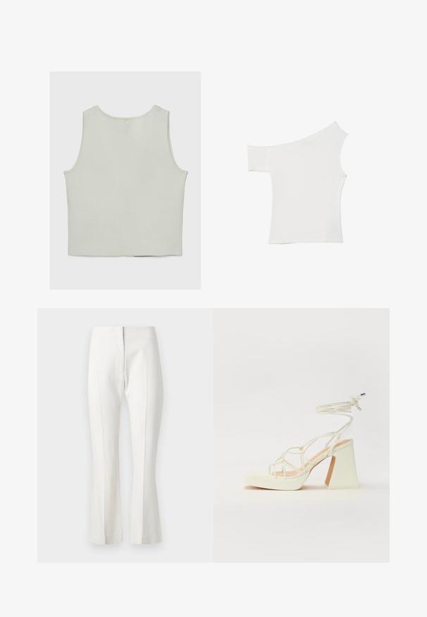 Svetlo šedý bezrukávový top s voľným strihom, vyrobený z jemného materiálu. Priamy lem a okrúhly výstrih, minimalistický dizajn, bez ozdôb.; Asymetrický biely top vyrobený z hladkého materiálu, s jedným krátkym rukávom a jedným dizajnom bez ramena, so štýlovým a minimalistickým vzhľadom.; Biele upravené nohavice s rozšíreným spodným okrajom, s plochým predným dielom, bez vreciek a hladkou textúrou tkaniny.; Biele sandále na vysokom opätku s hrubým podpätkom, s pruhovaným dizajnom a viazaním na členku. Hladký povrch s platformou vpredu pre zvýšenú výšku.